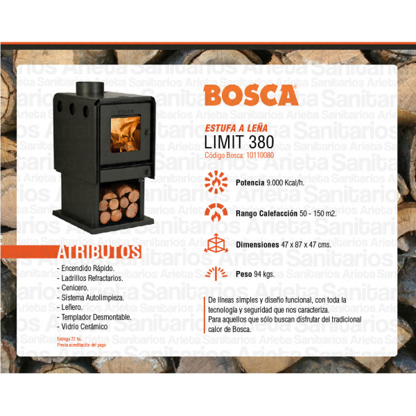 Estufa a leña limit 380 9888kcal/hr 180 m2 bosca